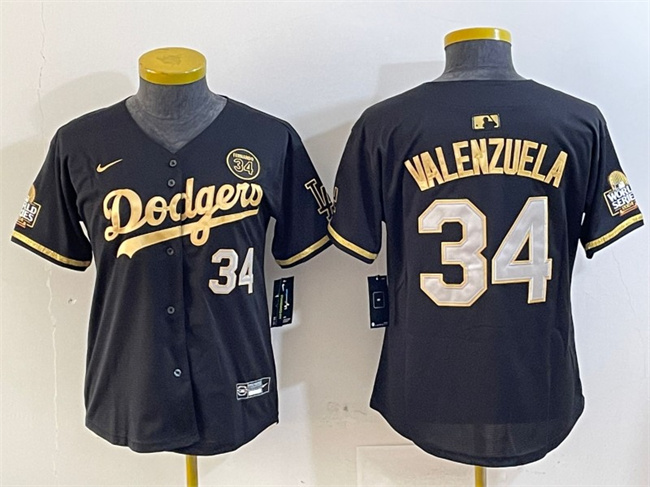 Youth Los Angeles Dodgers #34 Fernando Valenzuela Black/Gold 2024 World Series With Fernando Patch Vapor Limited Stitched Baseball Jersey